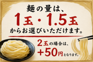「麺の量は、1玉・1.5玉」からお選びいただけます。 「2玉」の場合は、＋50円となります。